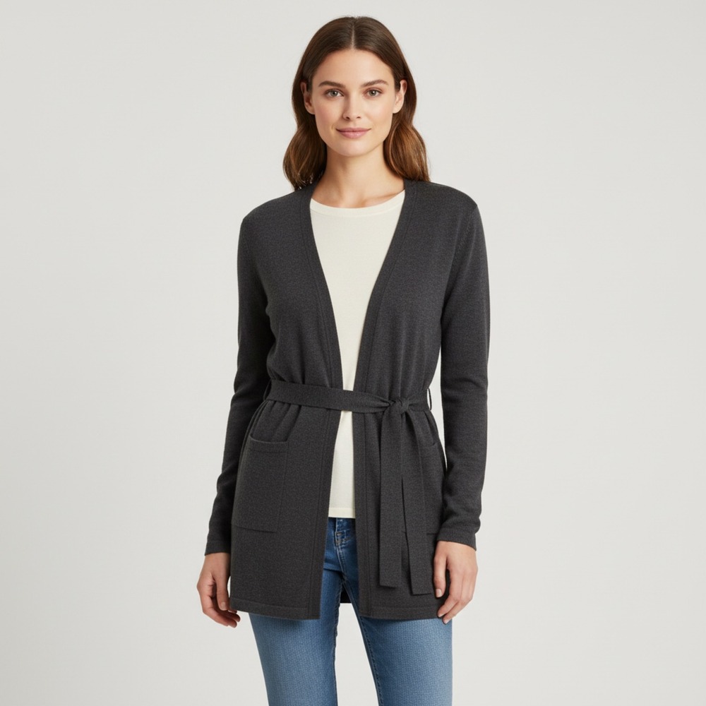 Talbots Womens Merino Wool Cardigan Sweater Tie Waist Dark Gray M quiet luxury